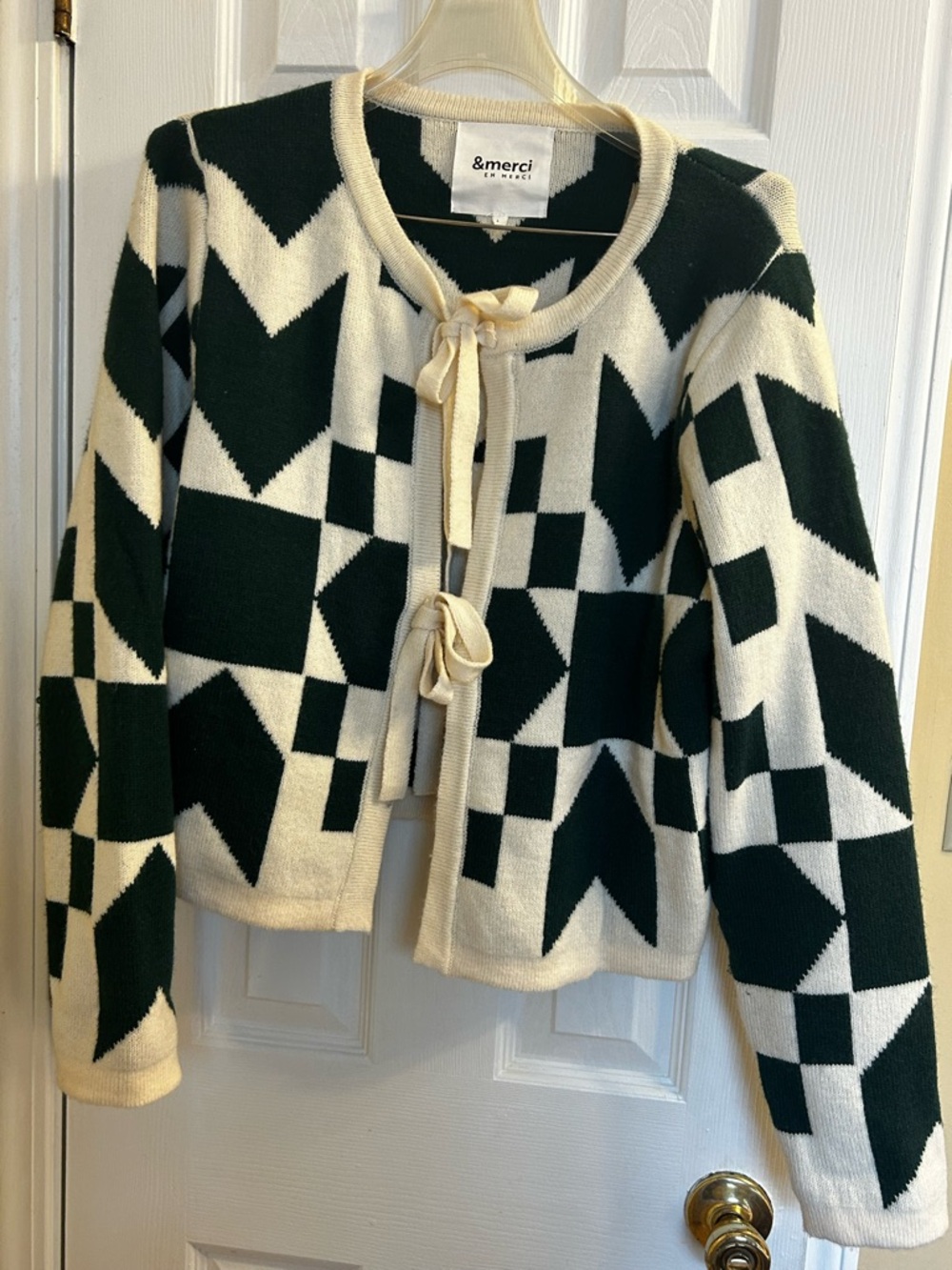 &merci Geometric Cream and Dark Green Tie-Front Cardigan